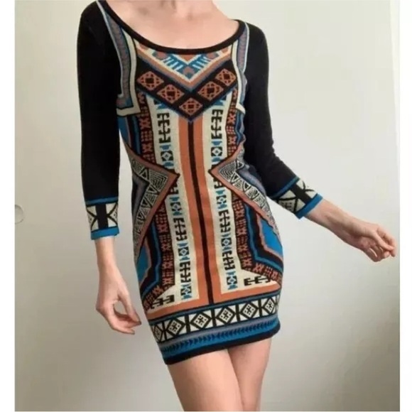 Flying Tomato Dresses & Skirts - Anthropologie Flying Tomato Aztec Sweater Dress Black Blue Orange